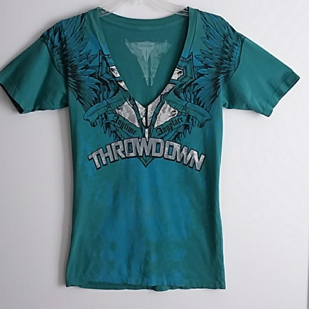 Throwdown Teal Cotton V-neck Tee